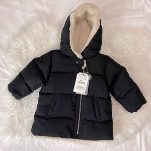 Black Zara Baby Puffer with Faux Fur Trim